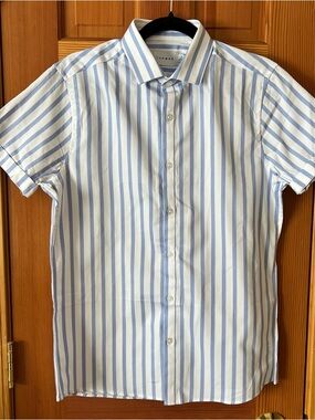 Topman Blue and White Vertical Stripe Short Sleeve Shirt